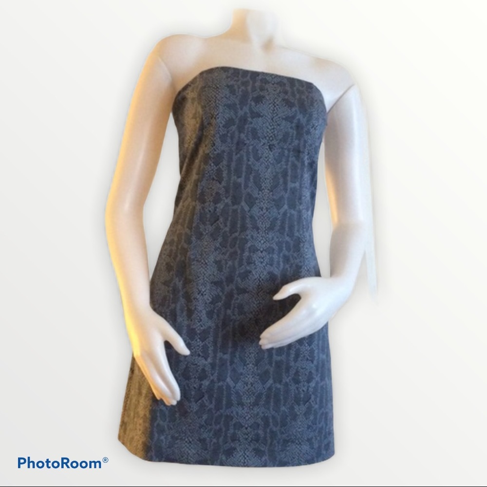 Bebe Snakeprint Strapless Blue Cotton Mini Dress 8